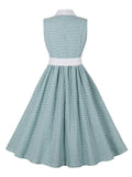 Contrast Collar Button Up Elegant Pleated Midi Dresses for Women Turquoise and White Plaid Vintage Rockabilly Dress