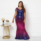 Plus Size Women Blue Red Sequin Beading Evening Dress Elegant V Neck Party Maxi Dress Long Prom Dress