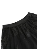 Elastic Waist Butterfly Embroidered Mesh Overlay Elegant Long Skirts for Women Vintage Midi Length Pleated Skirt