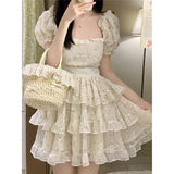 Elegant Sweet White Korean Mini Princess Summer Retro Square Collar Cascading Ruffles Puff Sleeve Fluffy Dress