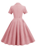 Notched Collar Buttons Belted Vintage Plaid Midi Dresses Elegant for Women Short Sleeve 50s Robe Turquoise Swing Dress