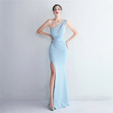 Sexy Slit Women One Shoulder Soft Satin Pleat Beading Long Evening Dress Party Maxi Dress