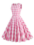 Pink Gingham Print O-Neck Sleeveless Summer Dresses for Women High Waist A Line Vintage Clothes Vacation Elegant Dress