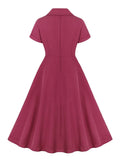 Fuchsia Solid Raglan Sleeve Buttons Elegant Dress Women Turn-Down Collar High Waist Vintage Clothes Midi Swing Dresses