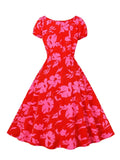 Floral Vintage Red Evening Party Vacation Outfits for Women Drawstring Sweetheart Neck Summer Pinup Dresses