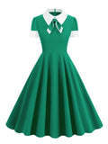 Turn Down Collar Bow Front Navy Blue Summer Dresses for Women Formal Occasion Vintage Style Elegant Dress