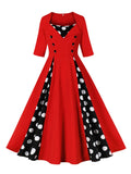 Red and Polka Dot Patchwork 50s Vintage Long Dresses for Women Square Neck High Waist Half Sleeve Autumn Swing Dress