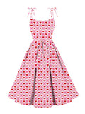 Heart Print Pink Women Vintage Dress Knot Strap Backless Summer Evening Cocktail Party Knee Length Pleated Dresses