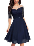 See Through Mesh Elegant Lace and Chiffon Vintage Dress 3/4 Length Sleeve Evening Formal Occasion Women Midi Dresses