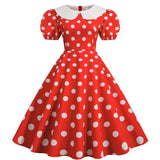 Elegant Women Summer Dress Puff Short Sleeve Polka Dot Peter pan Collar Vintage A-line Midi Long Party Sundress