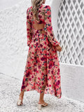 2024 Holiday Casual Summer Midi Long Women's Dress Hollowed Out Back V Neck Long Sleeve Vintage Elegant Beach Maxi Party Dresses