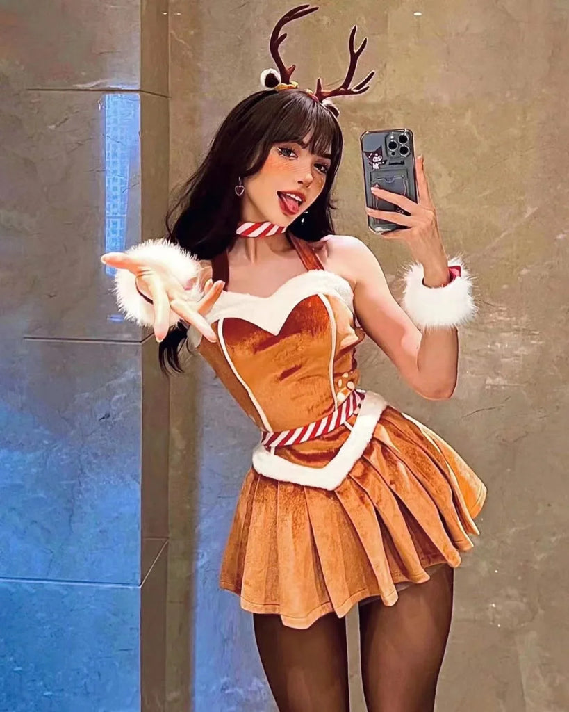 Womens Christmas Bunny Girl Mini Skirts Costume Sexy Elk Strapless Leotard Dress Santa Claus Reindeer Cosplay New Year Clothes