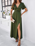 Elegant Solid High Split Evening Dresses Deep V Neck Short Sleeve 2024 Long Dress Fashion Beach Holiday Robe Prom Dresses