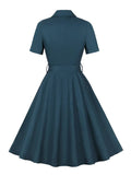 Notched Collar Single Breasted Solid Color Vintage Dress Short Sleeve Belted Formal Elegant Women Cotton Dresses