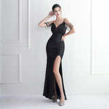 Women Backless Green Sequin Dress Strap Beading Party Maxi Dress Sexy Slit Evening Long Prom Dress