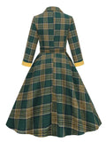 Green Plaid Autumn Winter Vintage Dress Women Notched Collar Buttons Belted A-Line Robe Evening Elegant Midi Dresses