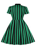 White and Black Stripes Bow Neck Cotton Rockabilly Dresses for Women Single Breasted Pockets Long Dress Vintage 4XL