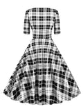 Red Plaid High Waist Tartan Vintage Half Sleeve Spring Dress Women V-Neck Elegant Party Rockabilly Cotton Midi Dresses
