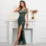 Champagne Sequin V Neck Beading Evening Dress Sexy Slit Party Maxi Dress Women Long Prom Dress