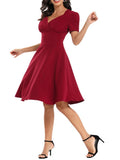 French Style Summer Casual Swing Women's Dress Elegant V Neck Solid 50s Pleated A Line Pinup Runway Short Cocktail Prom Dresses