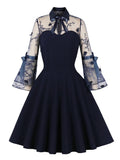 Turn-Down Collar Mesh 3/4 Length Sleeve Elegant Navy Blue Dresses for Women Evening Party Vintage Style Mini Dress