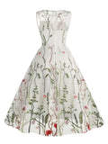 Floral Embroidered Mesh Overlay Vintage Long Dresses for Women High Waist Birthday Party Elegant Summer Dress