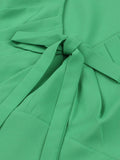 Knot V-Neck Ruched High Waist Green Solid A-Line Swing Dresses for Women Vintage Style Sleeveless Summer Dress