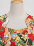 Short Sleeve 1950s Retro Clothes Women Multicolor Print Cotton Robe Femme Summer Vintage A-Line Long Swing Dress