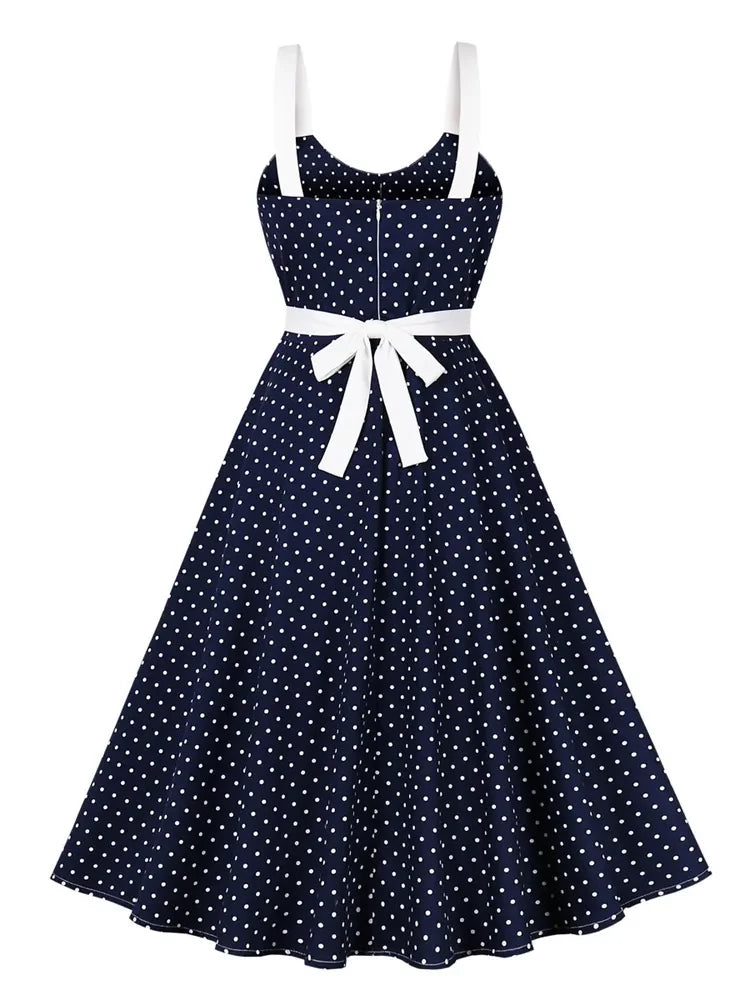Strapless Swing Midi Summer Women Elegant Vintage Spaghetti Straps Polka Dot Print 50s 60s Casual Blue Party Dress