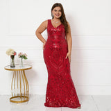 Plus Size Sexy V Neck Stretch Burgundy Sequin Evening Dress Elegant Sleeveless Party Maxi Dress Long Prom Dress