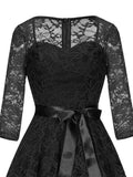 Sweetheart Neck Elegant Lace Long Swing Dress Women 3/4 Length Sleeve Belted Spring Autumn Vintage Ladies Midi Dresses