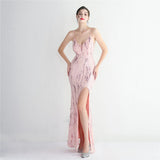 Women Sexy Slit Party Maxi Dress Strap V Neck Evening Dress Pink Sequin Dress Long Prom Dress