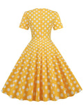Yellow Elegant Dresses for Women High Waist Rockabilly Vintage Swing Dress Short Sleeve Summer Clothes Polka Dot