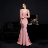 Women Pink Long V-neck Appliques Full Sleeve Evening Dress See through Elegant Party Dress