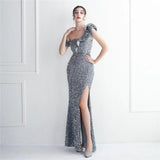 Women One Shoulder Slit Sequin Evening Dress Gray Ruffles Celebrity Maxi Dress Sexy Slash Neck Long Party Dress