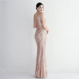 Women Beading Long Prom Dress Deep V Neck Gold Sequin Evening Dress Sexy Party Maxi Dress