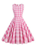 Pink Gingham Print O-Neck Sleeveless Summer Dresses for Women High Waist A Line Vintage Clothes Vacation Elegant Dress