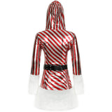 Lady Hooded Striped Deluxe Santa Clause Costumes Sexy Performance Winter Christmas Dresses For Women