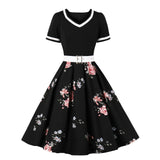 1950s Elegant Casual Black Floral Print Patchwork V Neck Short Sleeve Robe Pin Up Swing Vintage Dresses