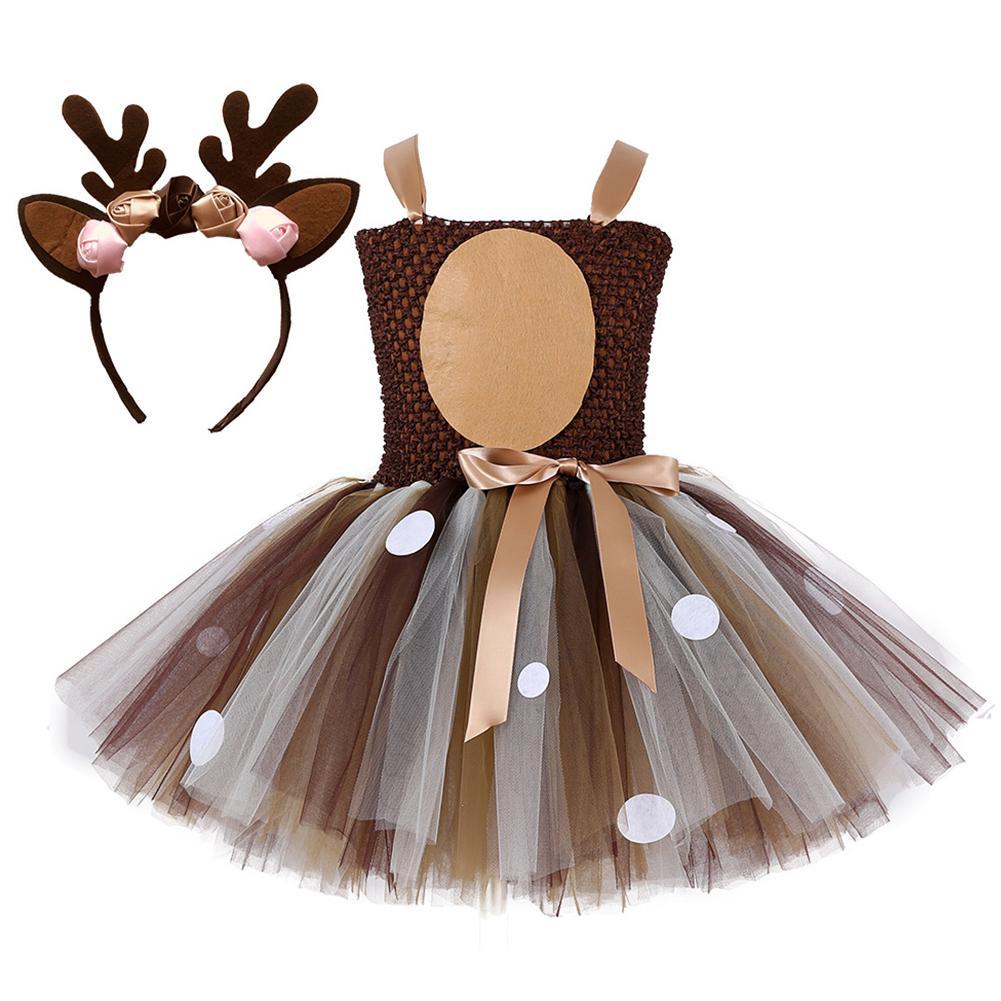 Girls Deer Costume Outfits Brown Tulle Dress with Headband