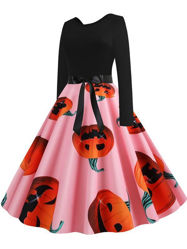 Halloween Pumpkin Print Crew Neck Dress
