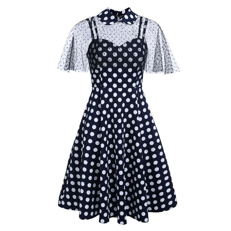 Mesh Cape and Cami Vintage Polka Dot Elegant Party 50s Robes Cotton High Waist Dress