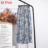 Women Chiffon Pleated Skirt Elastic High Waist Summer Print Casual Midi Long Skirt