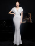 Women White Sequin Dress V Neck Beaded Party Dress Elegant Prom Dress