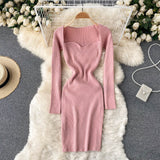 Autumn Winter Mini Dresses For Women Sweetheart Neck Long Sleeve Elegant Ribbed Knitted Dress Sexy Bodycon Dress