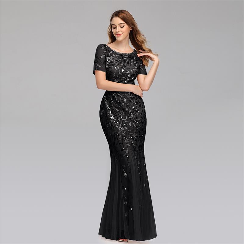 Embroidered beaded Fabric Prom Dresses Sugar Color O-Neck Short Sleeve Elegant Little Mermaid Dresses Formal Party Gowns