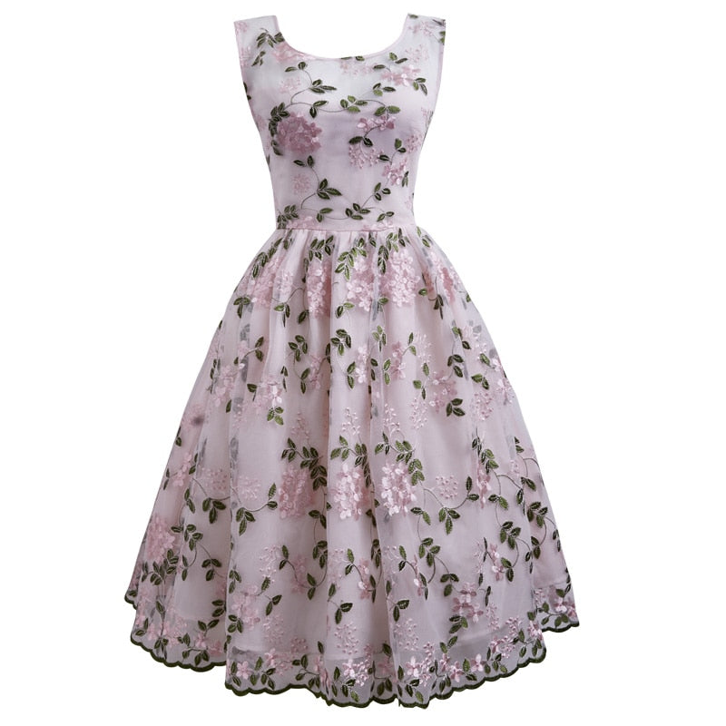 Flowers Embroidery Lace Dress Sexy Sleeveless A-Line Party Casual Swing Pink Jurken Mesh Vintage Women Formal Vestidos