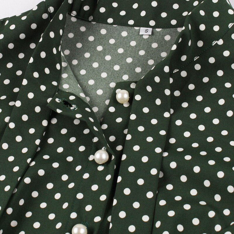 Bow Tie Neck Button Front Polka Dot Pinup 50s Vintage Shirt Dresses Women A-Line Summer Female Elegant Green Dress