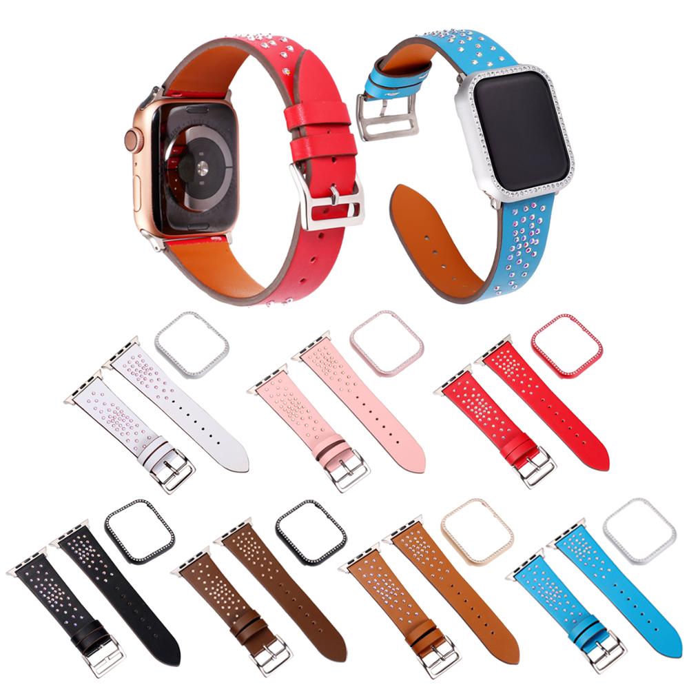 Diamond leather Bracelet strap+case for apple watch 4 44/40mm Protective Bumper Cover accessory For iWatch series 3 2 1 42/38mm