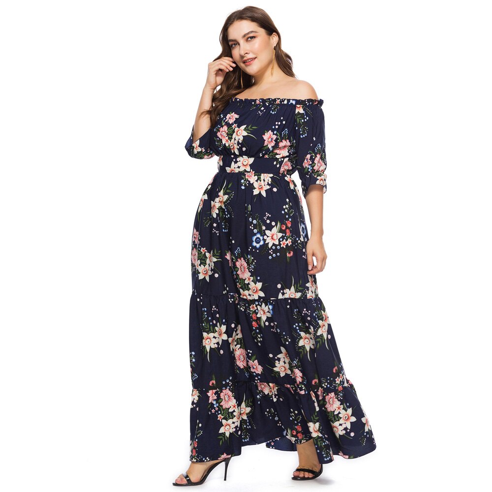 Navy Blue Floral Print Women Plus Size Summer Boho Off Shoulder Long Maxi Beach Party Bohemian Dresses